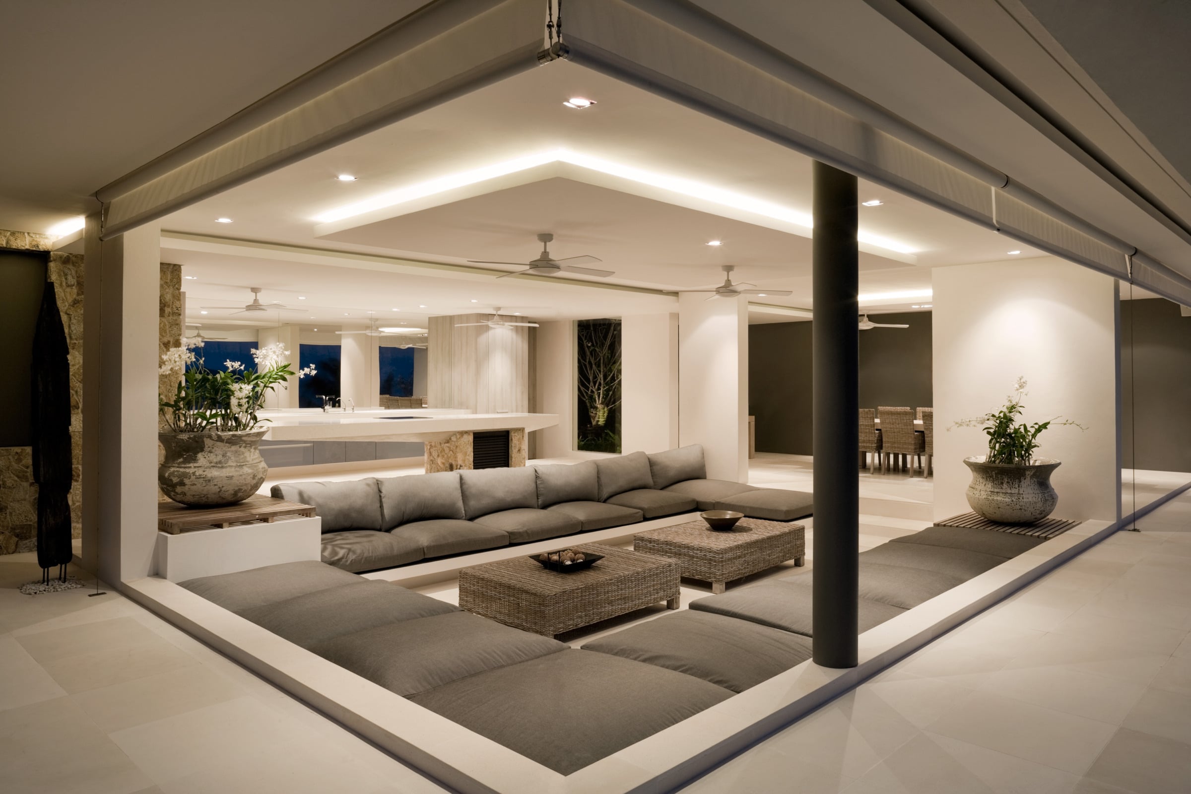 Luxury estate at dusk with city views